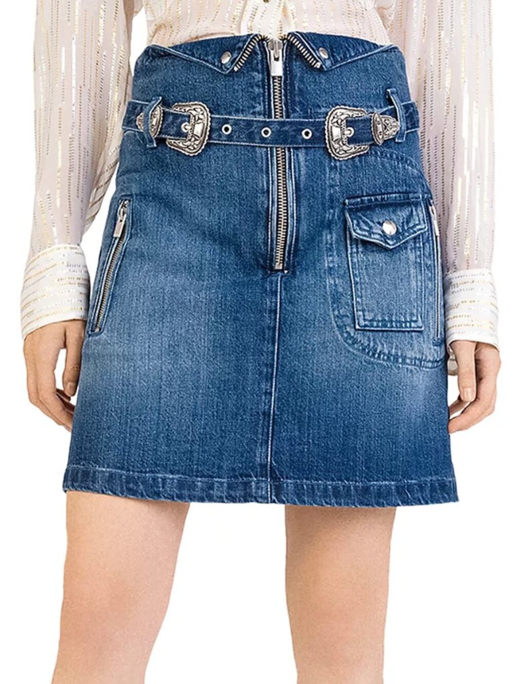 The Kooples Western Double Buckle Denim Mini Skirt Size S - Picture 1 of 7